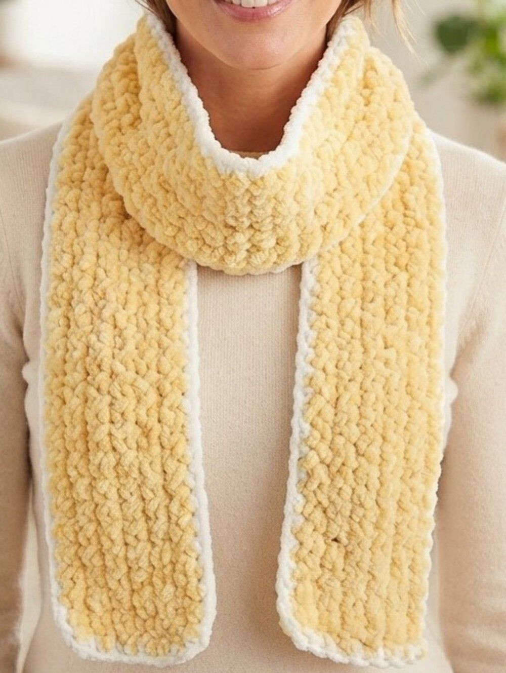 Yellow Plush Knit Scarf Soft Lemon Popcorn  with White Crochet Trim Cozy 55"